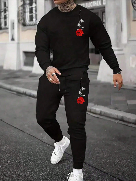 2pcs/Set Plus Size Men's Casual Floral & Slogan Print Round Neck Long Sleeve Sweatshirt And Sweatpants Set, Spring & Summer