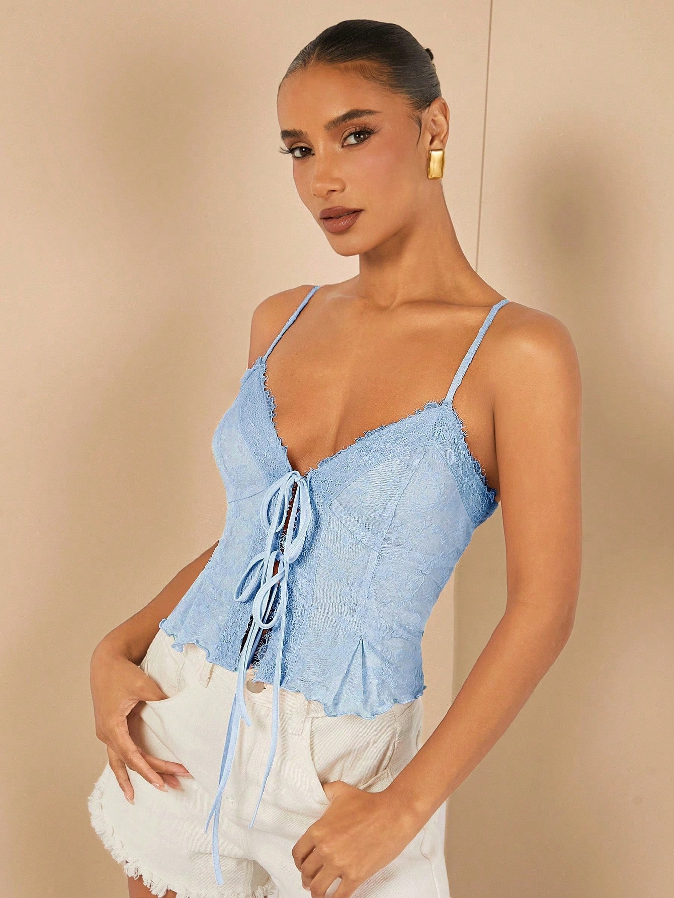 Haute Lace Trim Overlay Tie Cami Crop Top