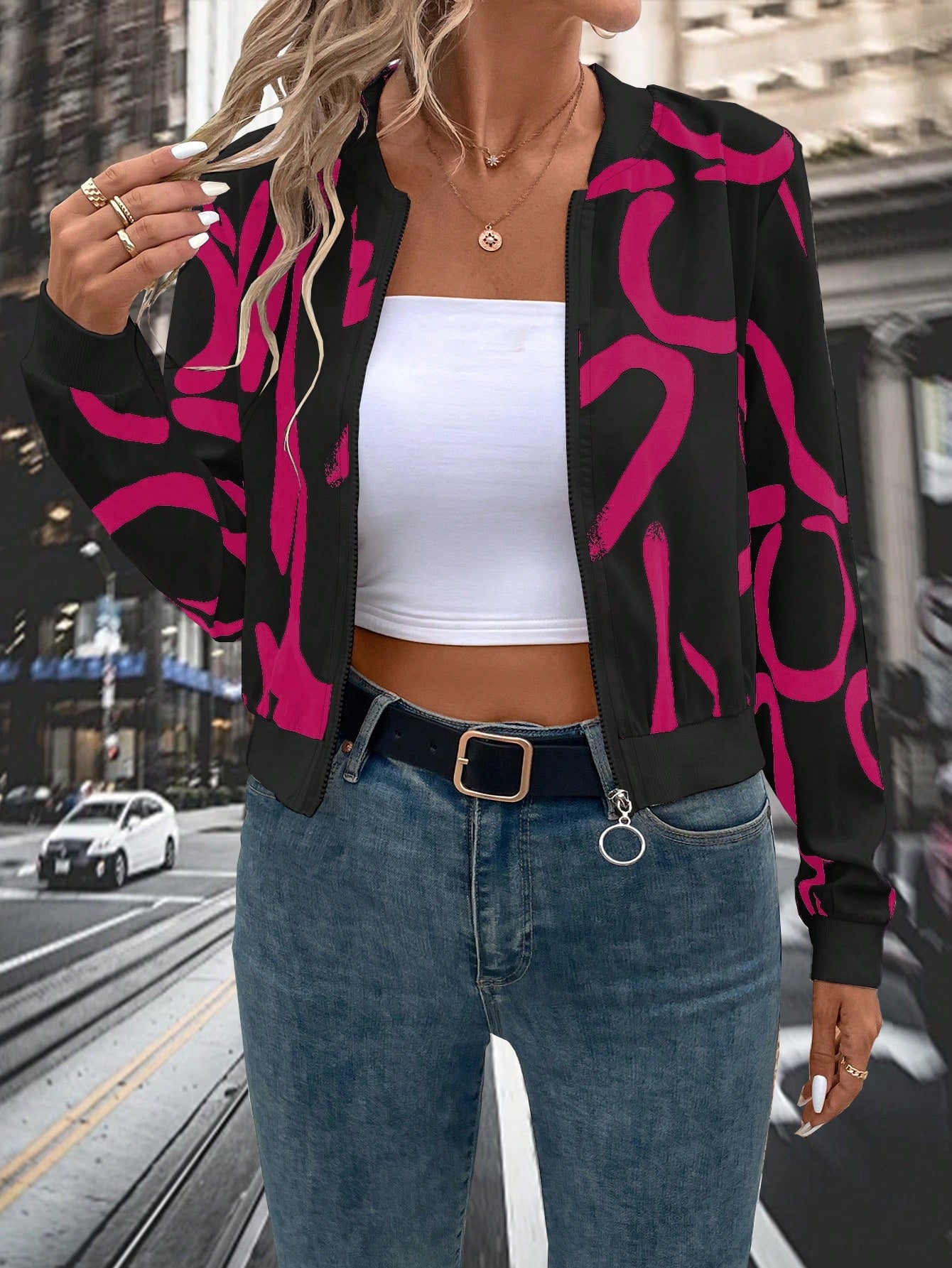 Women's Zip-Up Baseball Jacket With Pattern Print