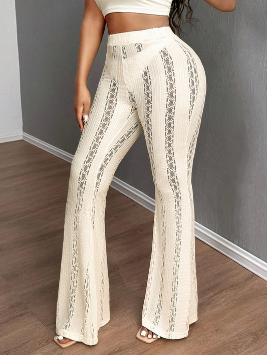 Women Solid Color High Waist Hollow Flared Fashionable Versatile Pants