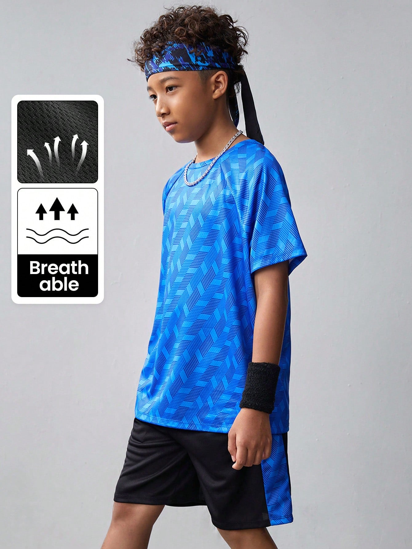 Tween Boys' Knitted Printed Short Sleeve T-Shirt And Color-Blocked Shorts Casual Sports Outfit, 2pcs/Set