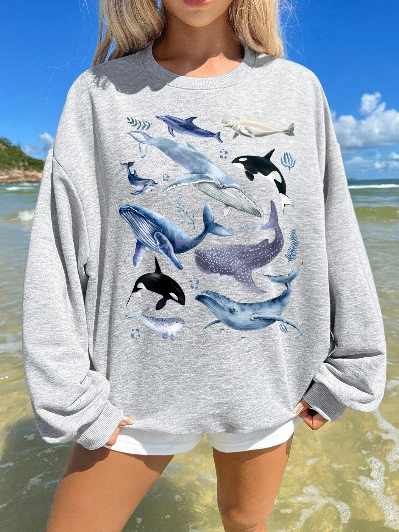 Casual Minimalist Blue Seahorse & Starfish Printed White Loose Fit Sweatshirt For Women, Suitable For Vacation