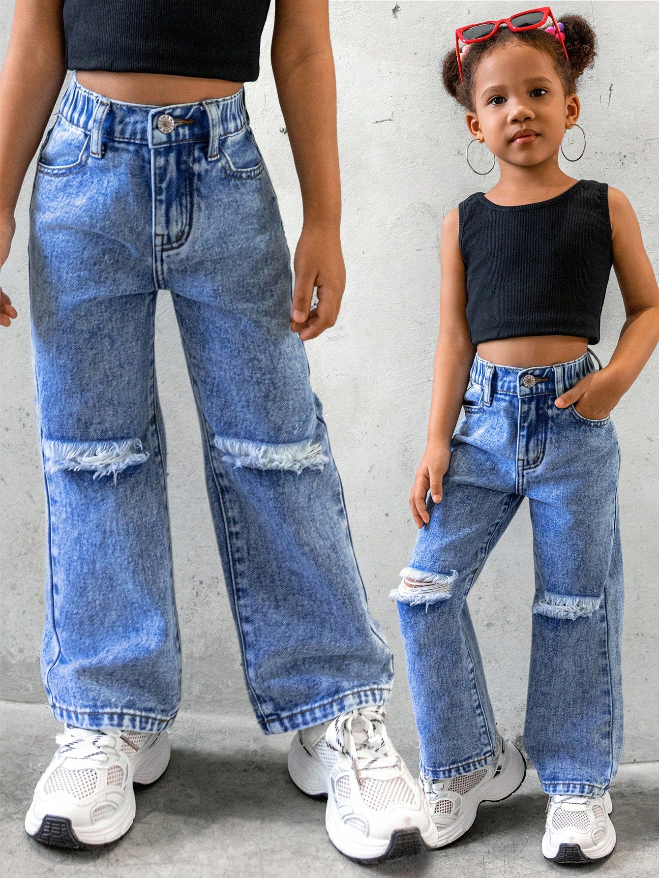 Young Girl All-Match Wide-Leg Denim Pants With Distressed Details, Casual And Versatile