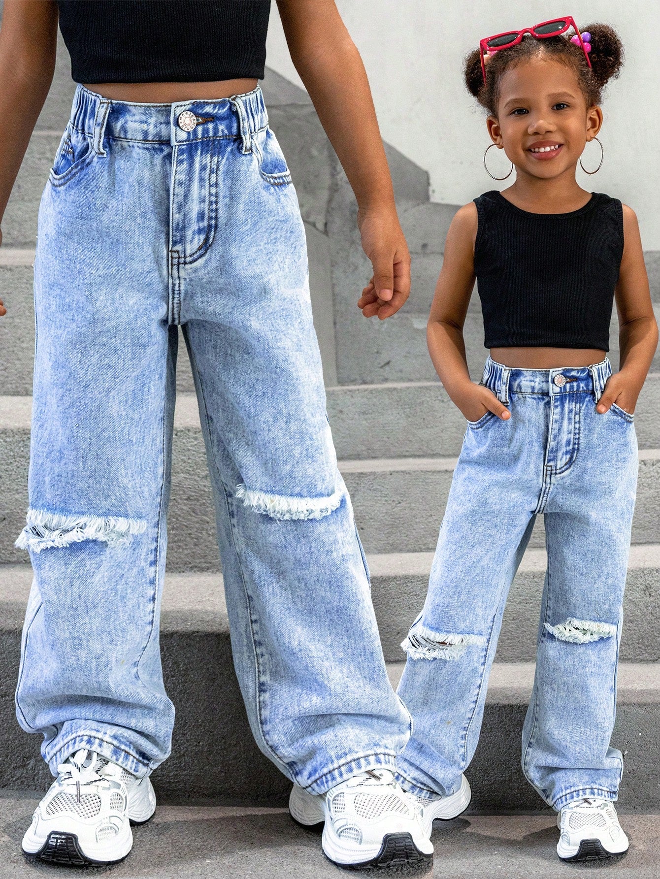 Young Girl All-Match Wide-Leg Denim Pants With Distressed Details, Casual And Versatile