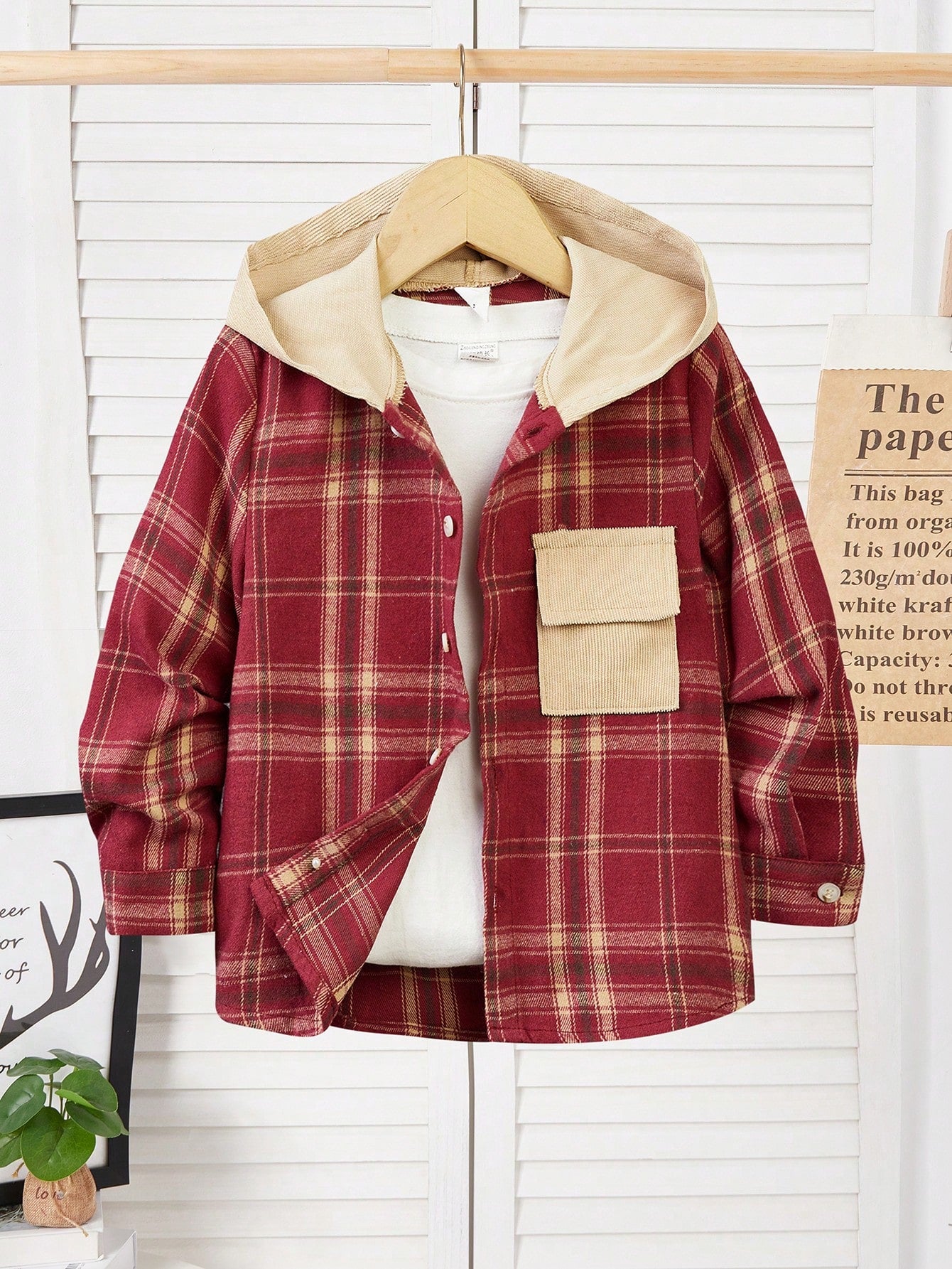 Young Boy Plaid Print Patched Pocket Hooded Shirt Without Tee