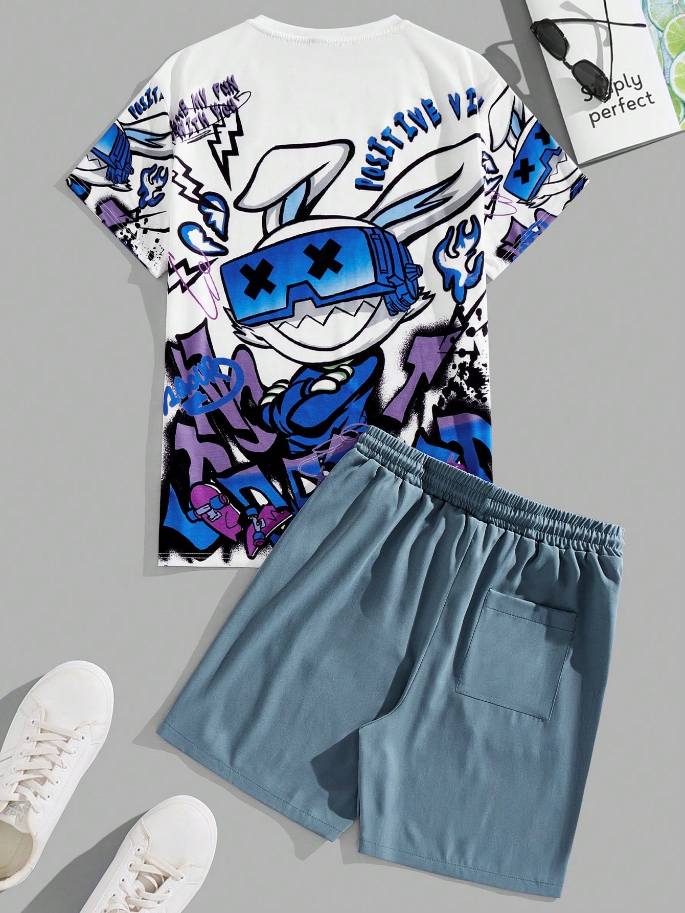 Men'S Cartoon Printed Knit Casual Short Sleeve Anime T-Shirt And Shorts Set