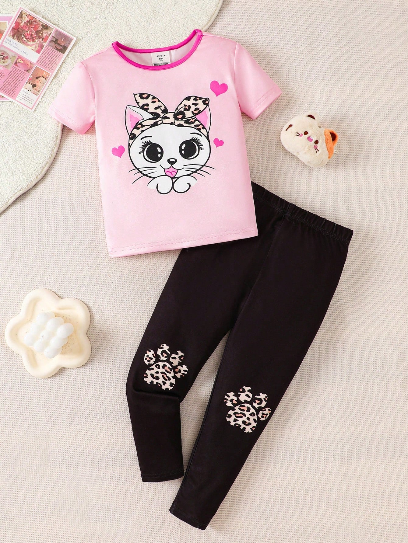 Young Girl Snug Fit Butterfly & Flower Pattern Color Block Short Sleeve Long Pants Knitted Pajama Set