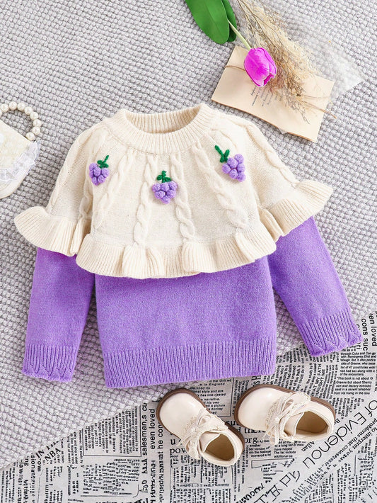 Young Girl Grape Decoration Crew Neck Long Sleeve Ruffled Patchwork Sweater, Autumn Winter