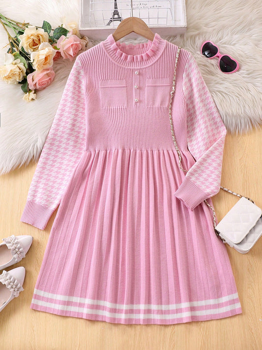 Girls Elegant Knit Long Sleeve Dress, Spring And Autumn Fashion