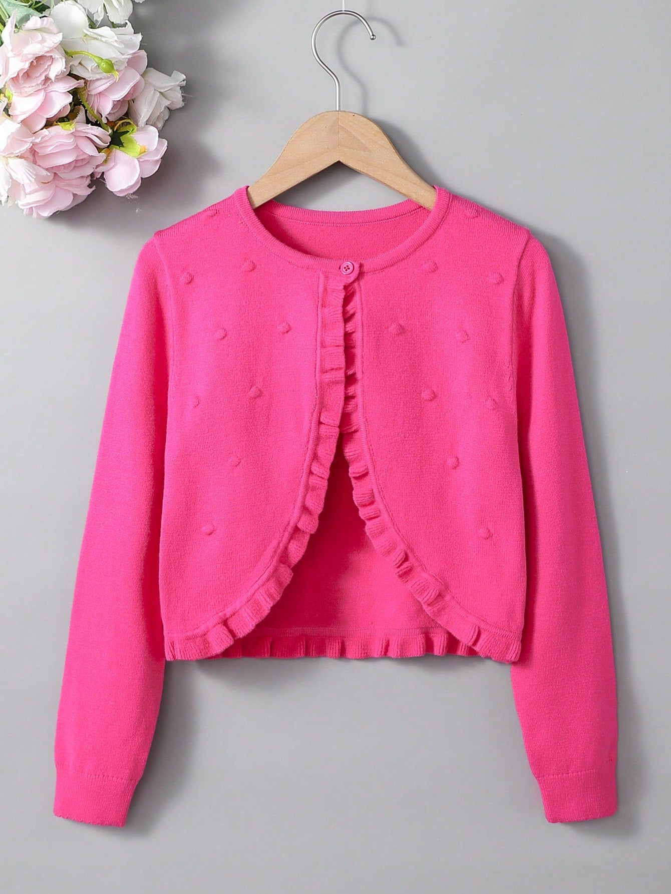 Tween Girl Frill Trim Open Front Cute Cardigan With Long Sleeves