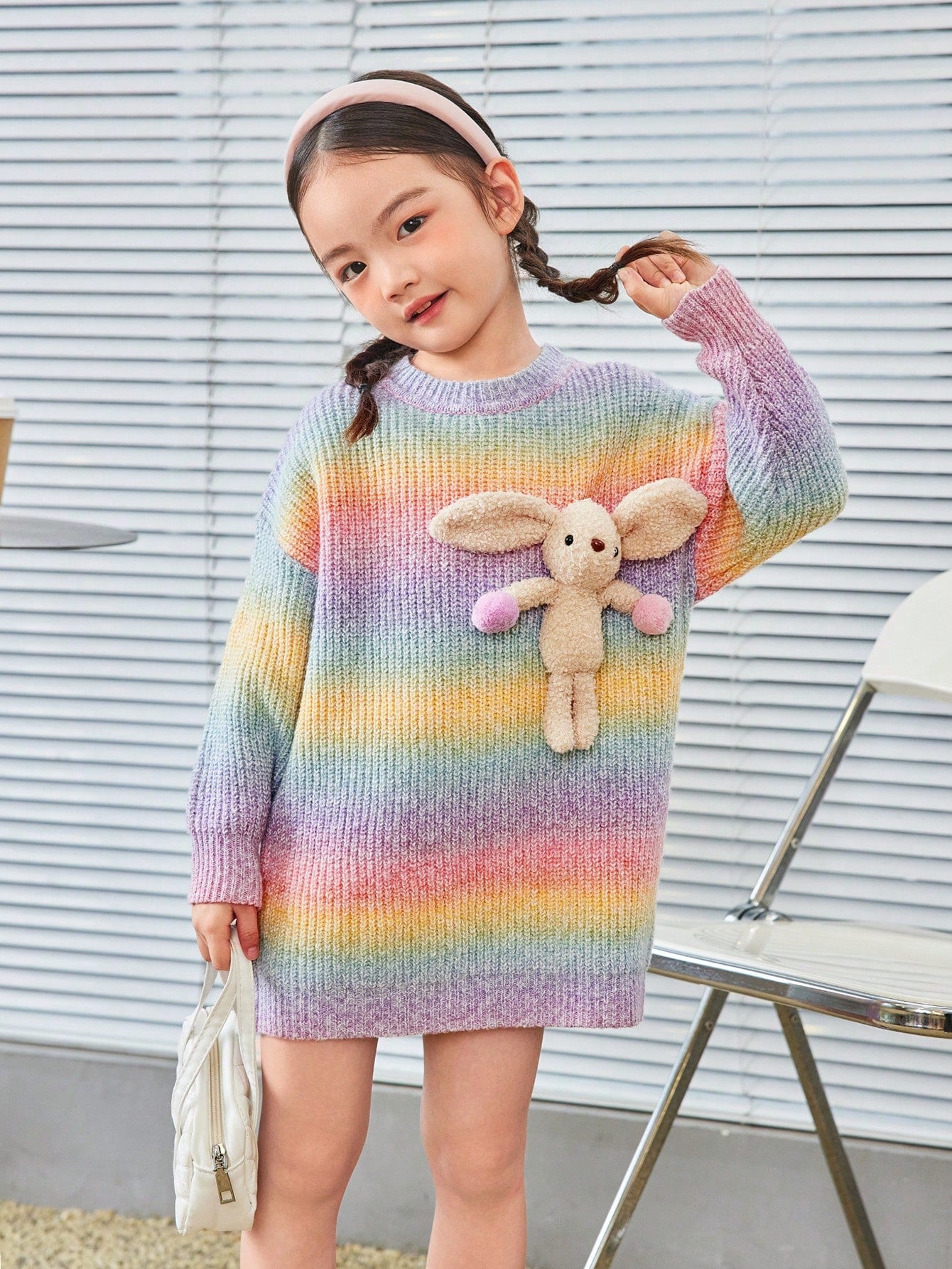 Young Girl Gradient Round Neck 3D Doll Integration Casual Sweater Dress