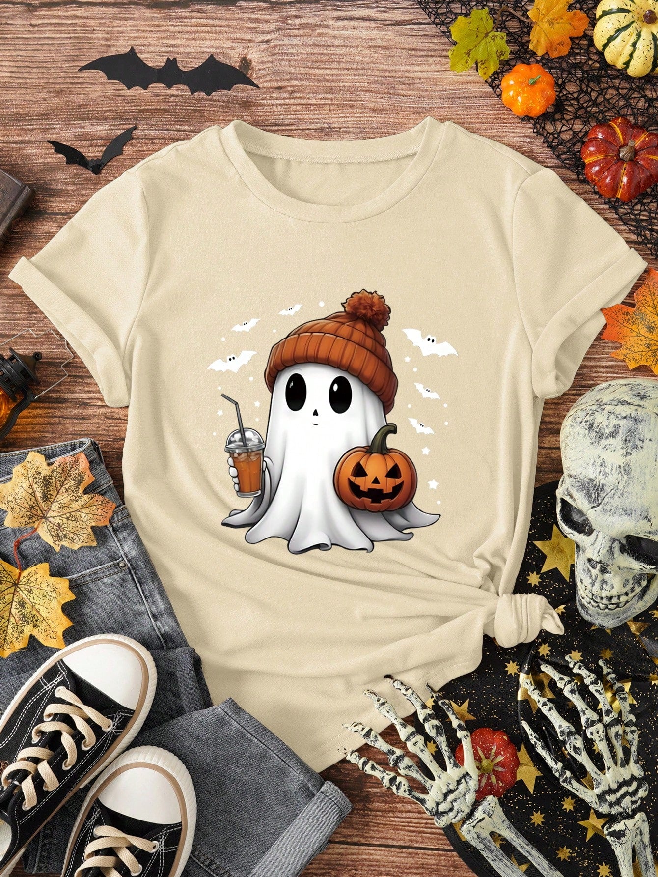 プラスサイズのかわいいハロウィンゴーストTシャツ、パンプキンハロウィンTシャツ、カジュアルクルーネック半袖Tシャツ