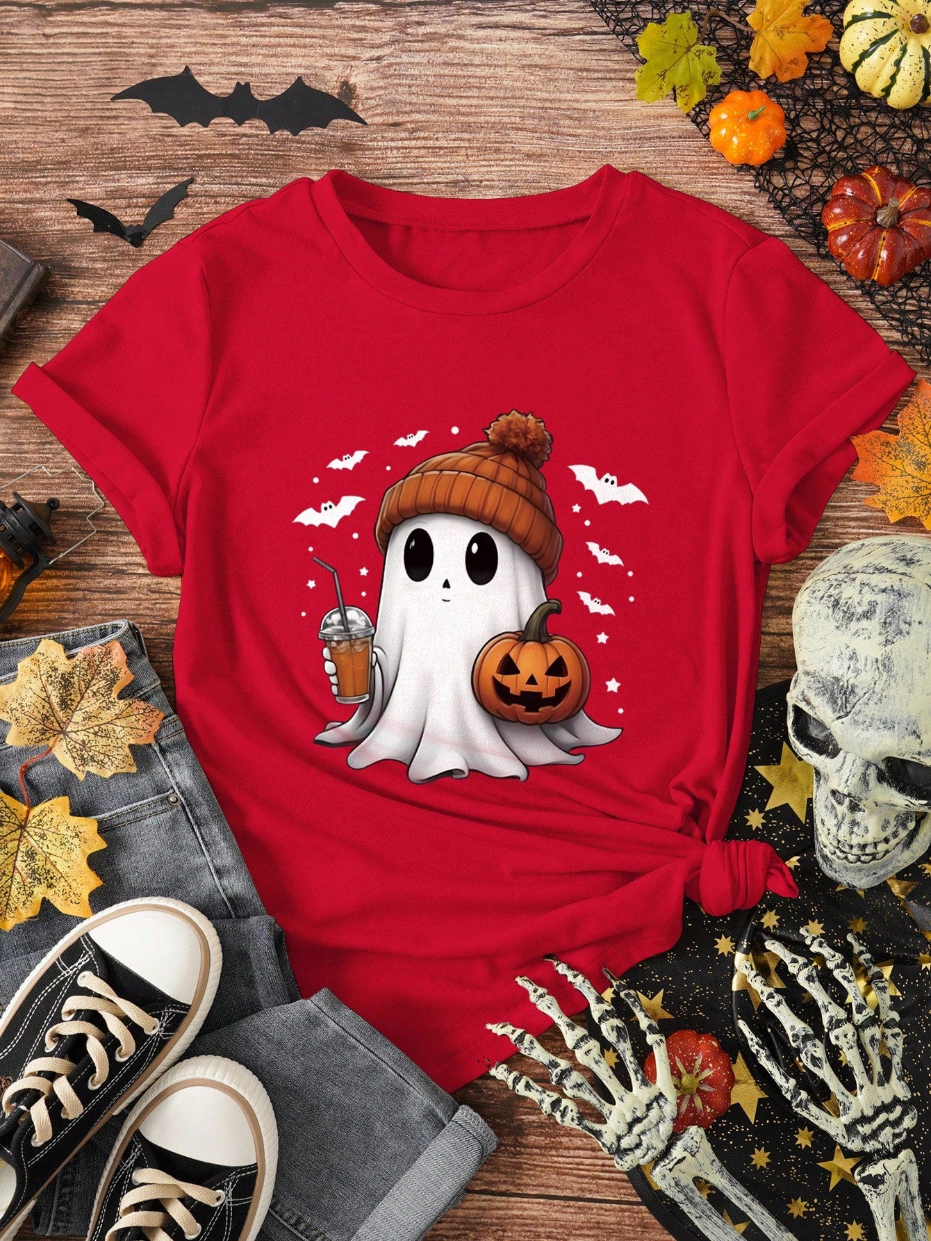 Plus Size Cute Halloween Ghost T-Shirt, Pumpkin Halloween T-Shirt, Casual Crewneck Short Sleeve Tee