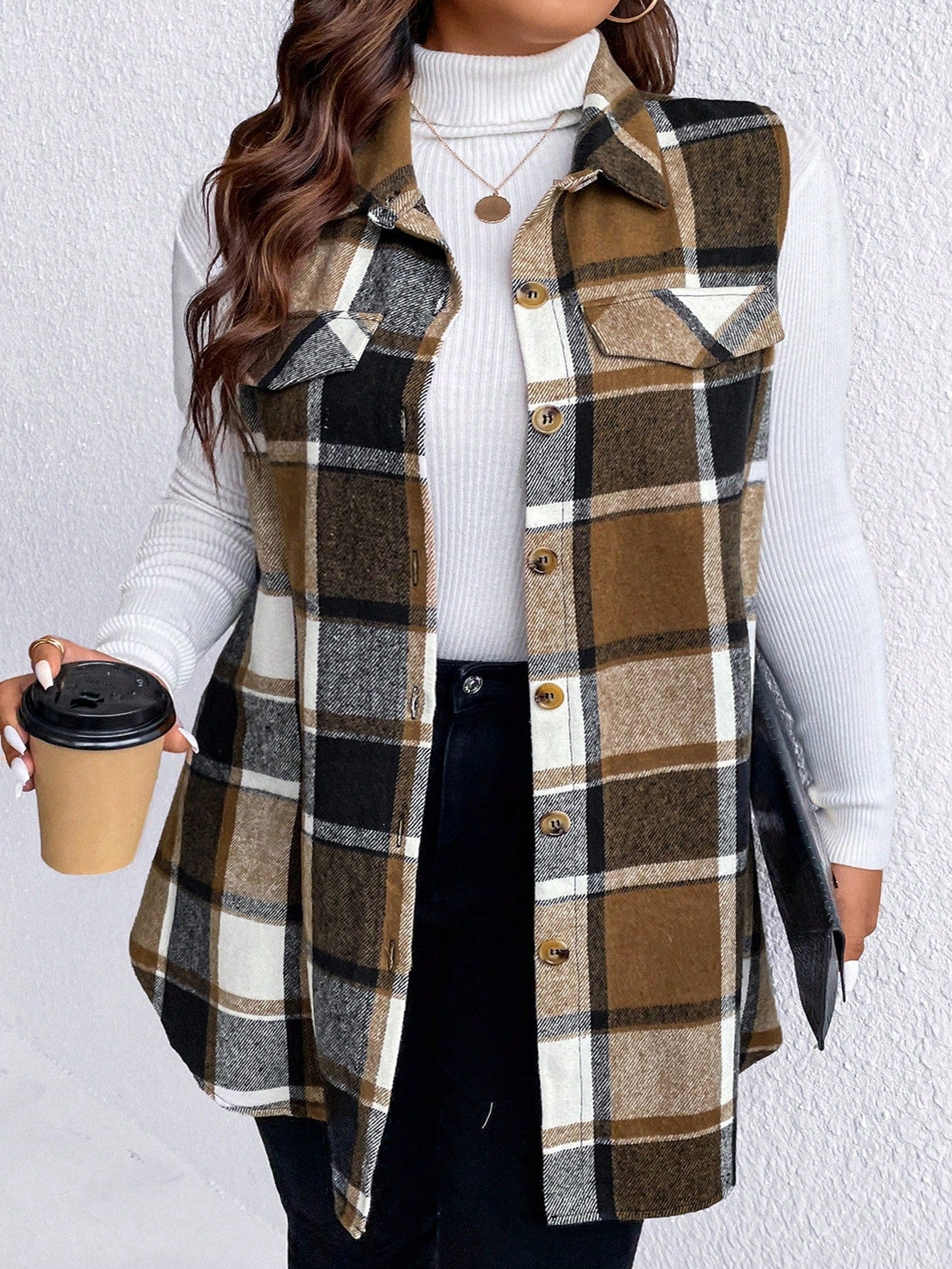 Plaid Printed Sleeveless Coat With Flap Detail, Plus Size