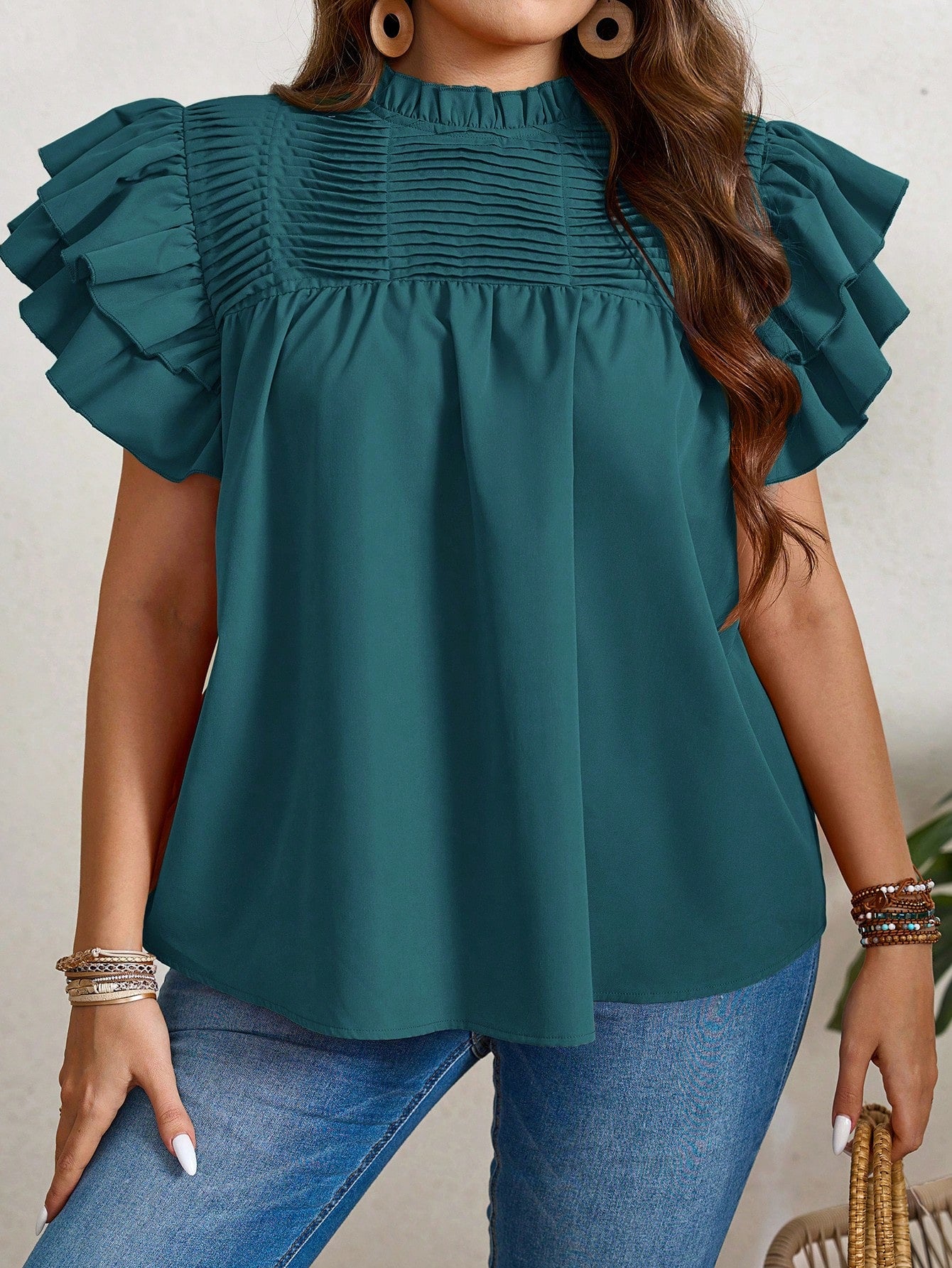 Plus Size Summer Casual Double Layered Orange Shirt With Ruffle Sleeves