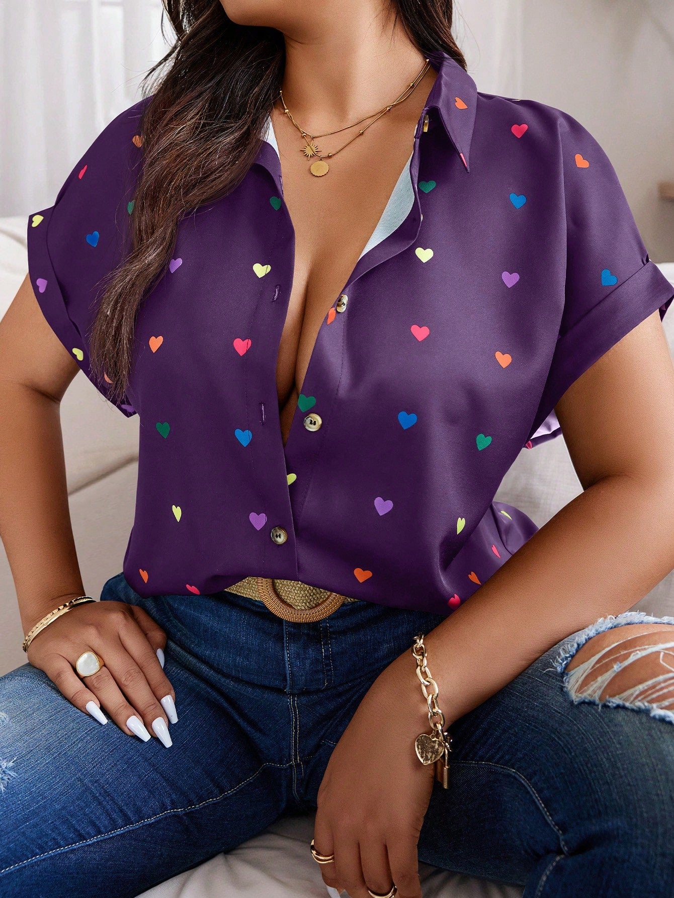 Plus Size Heart Print Button-Down Shirt