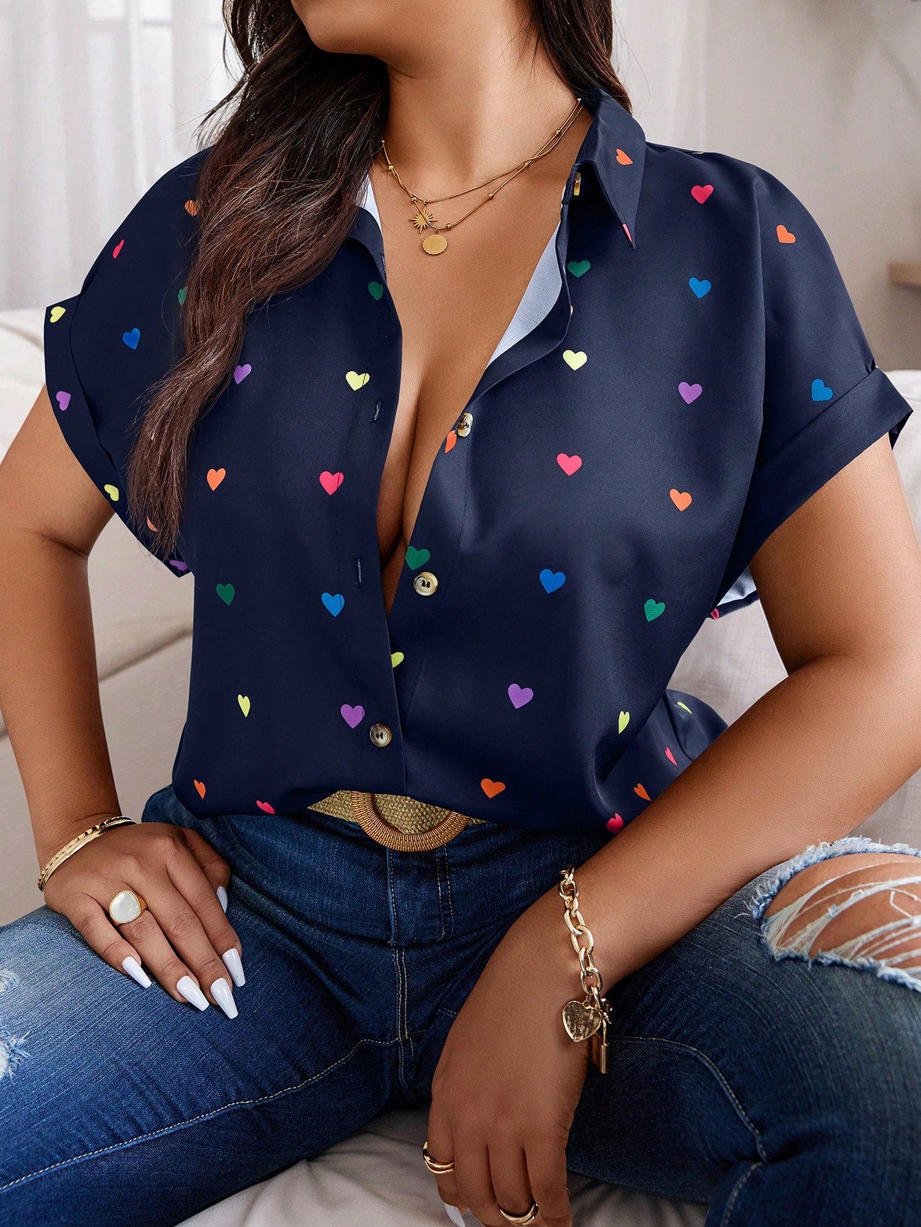 Plus Size Summer Casual Random Heart Print Button-Front Shirt