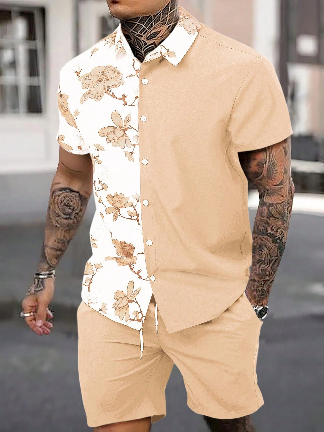 Men Floral Print Shirt & Drawstring Waist Shorts