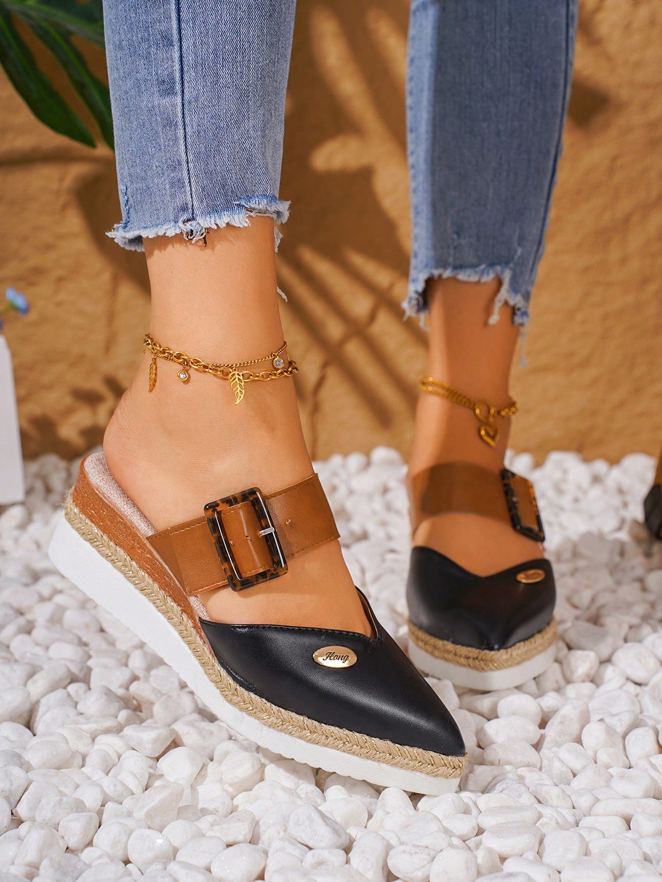 Women's Wedge & Platform Shoes, Orange High Heels With Stone Patterned Leather Surface, Woven Espadrilles And Thick Sole With One Buckle Strap, Pointed Toe Shallow Mouth Shoes, Plus Size; Beige High Heels With Stone Patterned Leather Surface, Woven Espadr