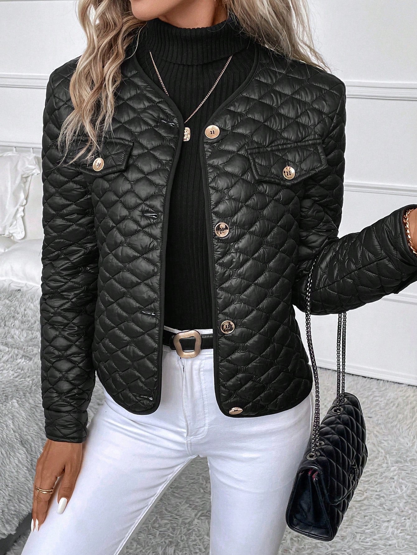 Plus Flap Detail Elegant Quilted Coat