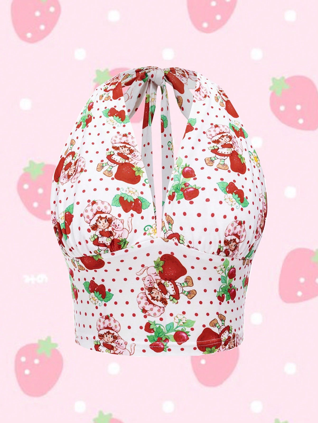 Strawberry Shortcake X Women's Strawberry Printed Halter Tie-Back Crop Tank Top