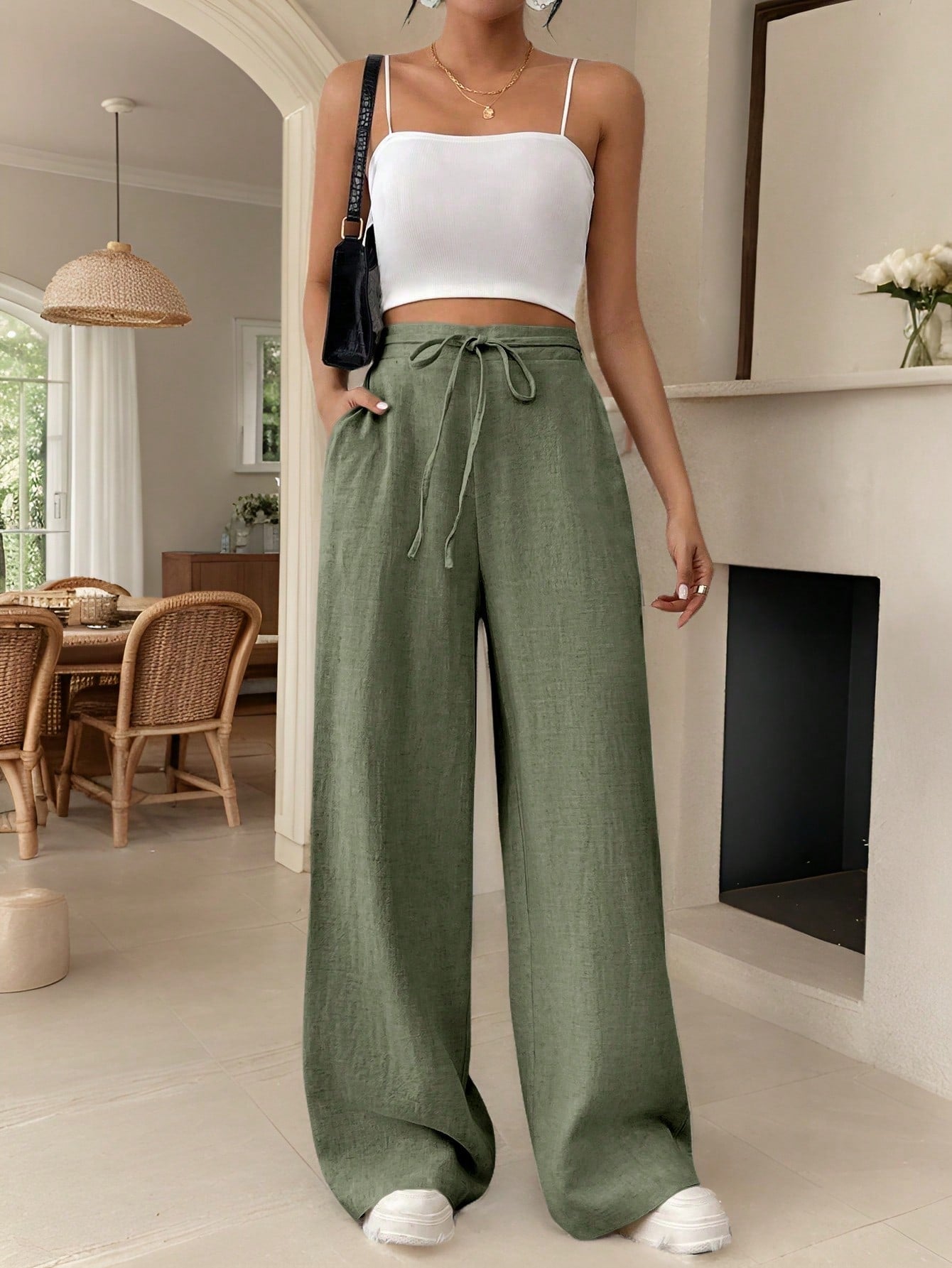 Frenchy Women's Drawstring Pocket Straight Wide-Leg Comfortable Casual Elegant Pants  Linen Striped Trousers  Teacher Pants  Teacher Clothes Fall Outfits  Back To School   Commute  Minimalist Office   Old Money Simple  Commute Minimalist Office Old Money