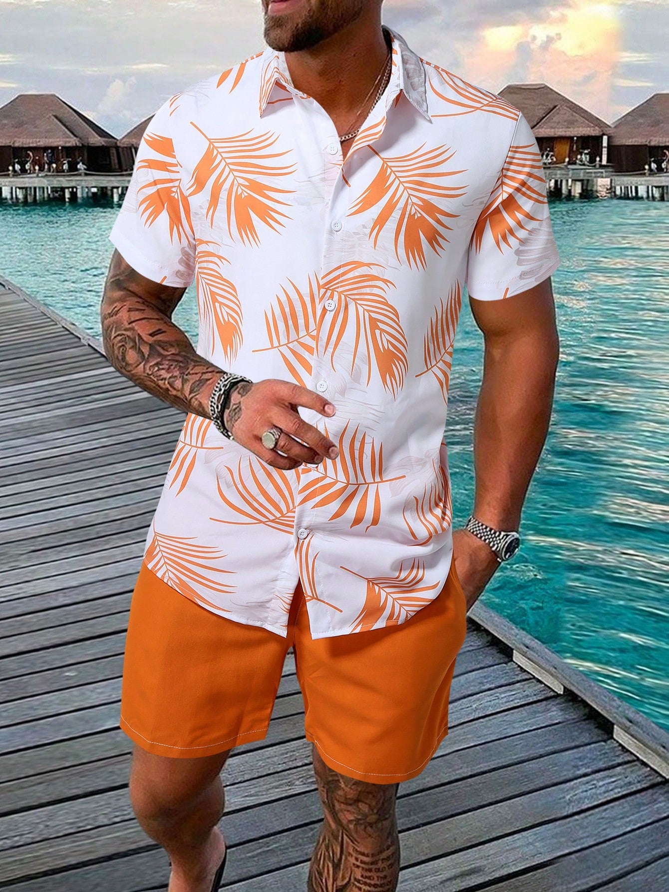 Men's Vacation Plant Printed Short Sleeve Shirt And Plain Shorts 2 Piece Set, Summer Clothes Casual Wear