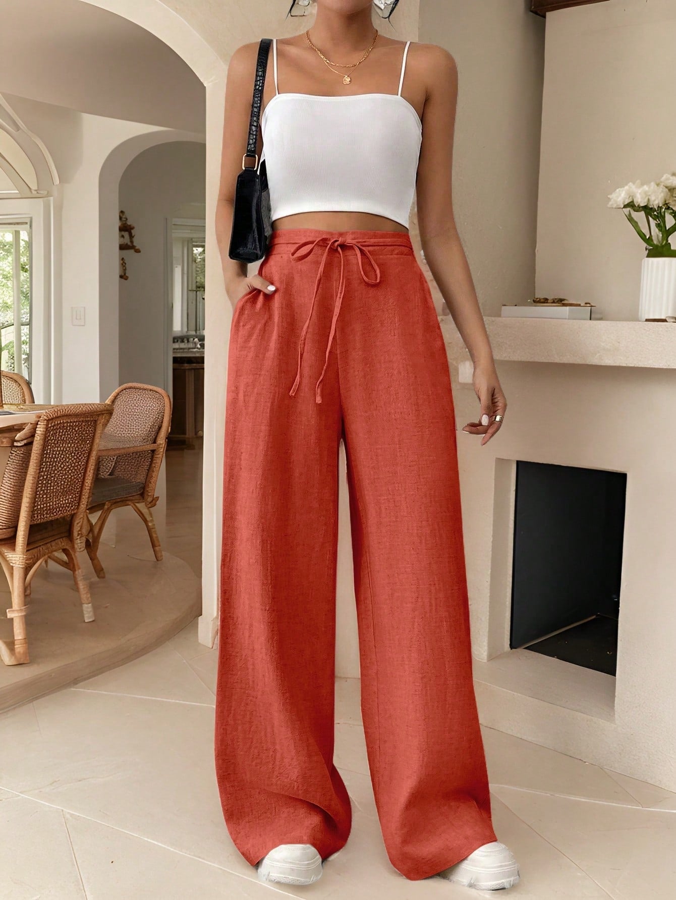 Frenchy Women's Drawstring Pocket Straight Wide-Leg Comfortable Casual Elegant Pants  Linen Striped Trousers  Teacher Pants  Teacher Clothes Fall Outfits  Back To School   Commute  Minimalist Office   Old Money Simple  Commute Minimalist Office Old Money