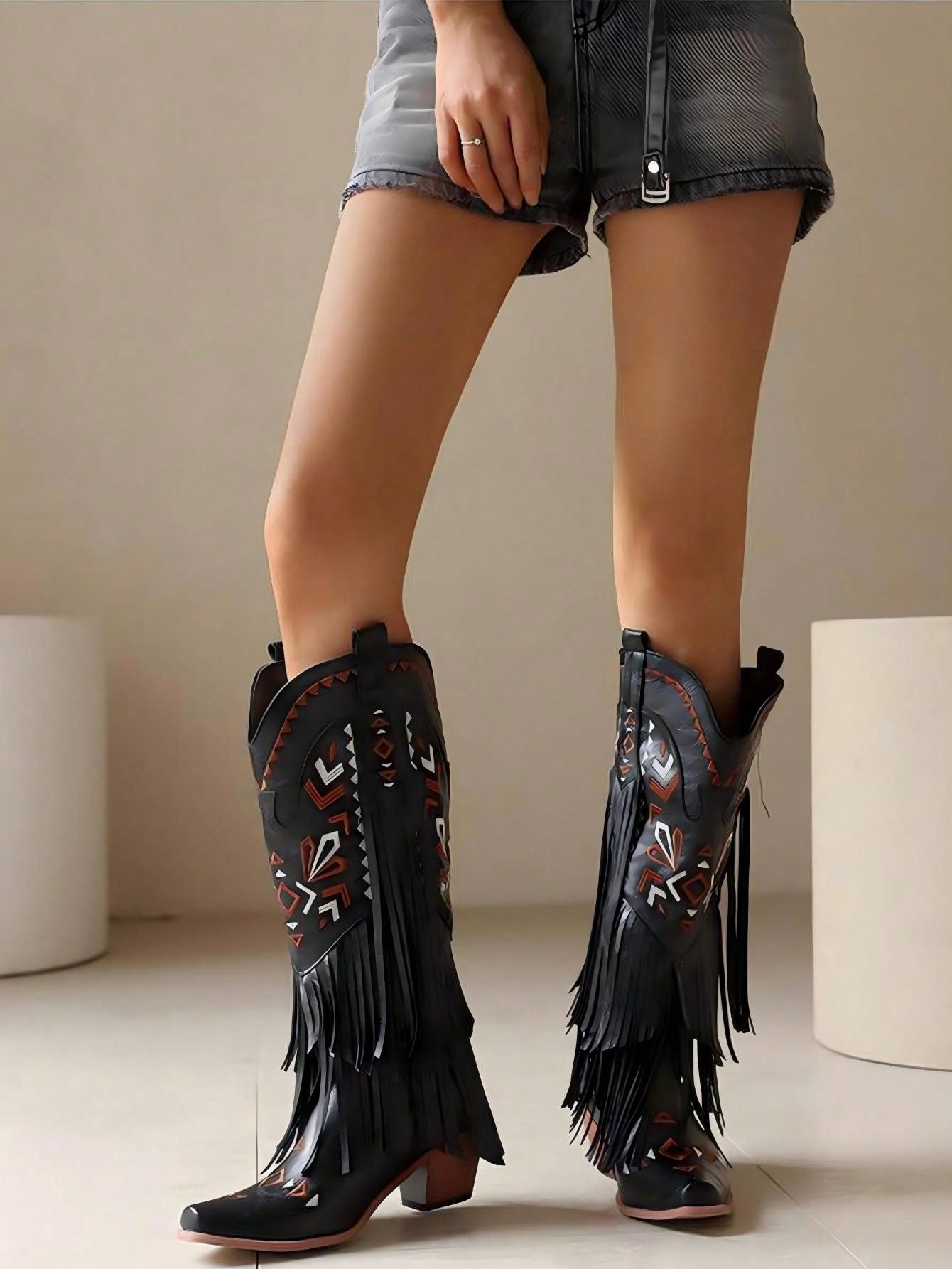 Women's Fashionable Tassel Western Boots Embroidered Mid Calf Flat Shoes