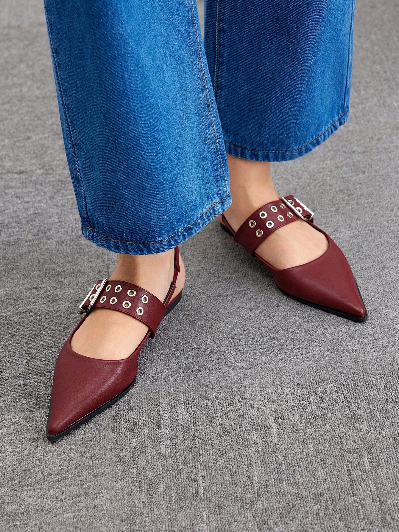 Fashionable Red Pointed Toe Buckled Backless Flat Shoes For Women Elegant Business Casual Business Chic Halloween