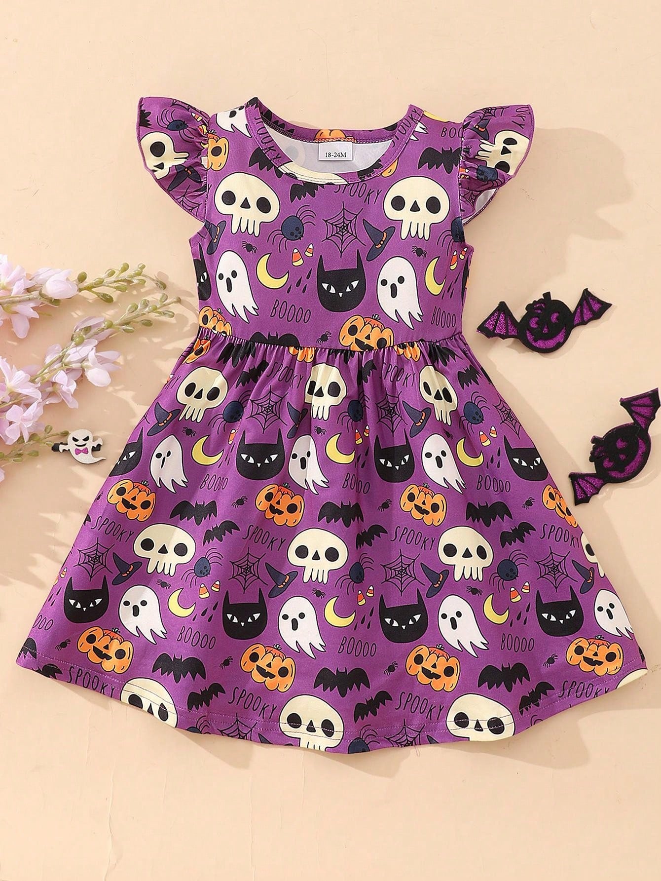 Girls Halloween Pumpkin Print Casual Dress With Flying Sleeves