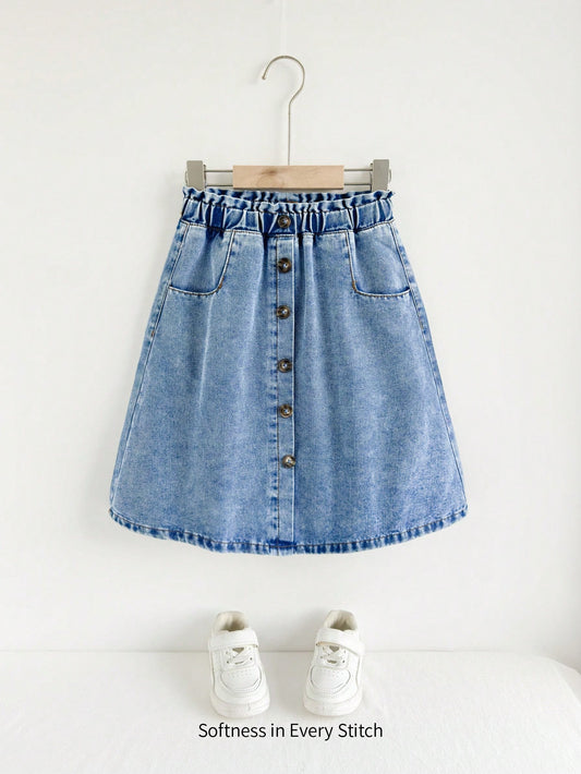 Cozy Cub Young Girls' Loose Fit Casual A-Line Skirt With Ruffle Hem Bottom Front Denim Long Skirt For Summer Vacation Outfits,Young Girl Fall Clothes Back To School Outfits