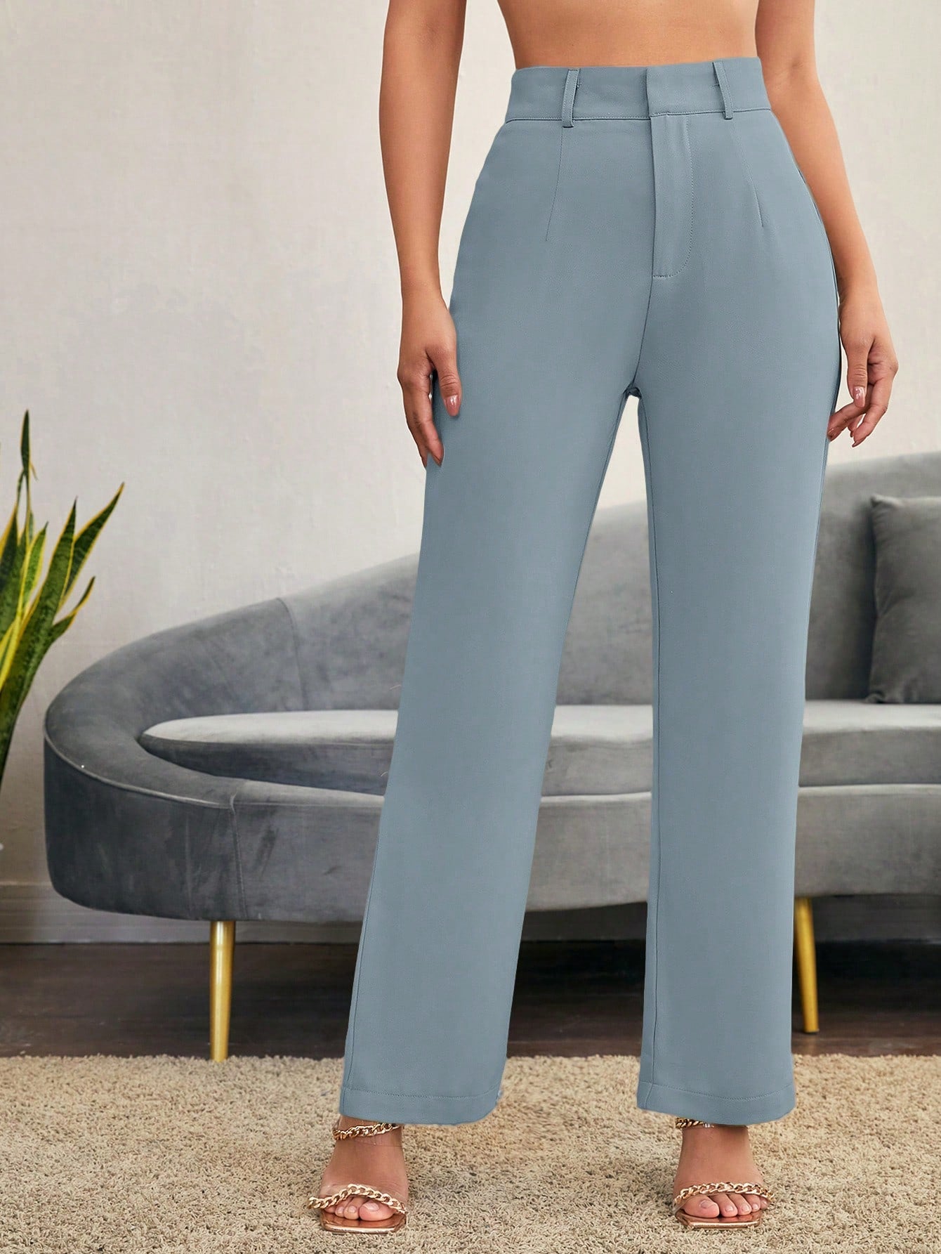 Solid High Waist Straight Leg Suit Pants