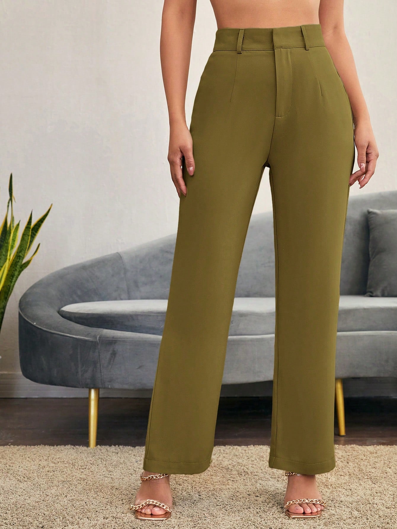 Solid High Waist Suit Pants