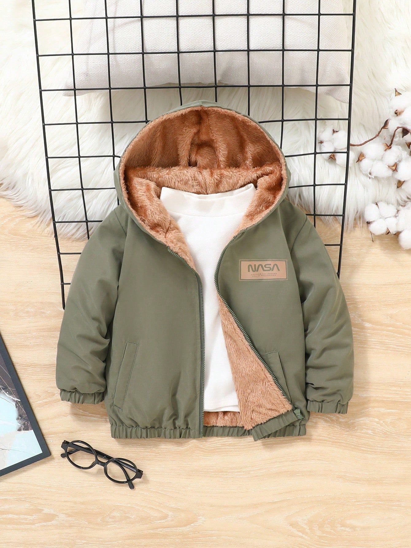 Young Boy Letter Patched Detail Teddy Lined Hooded Jacket Without Tee