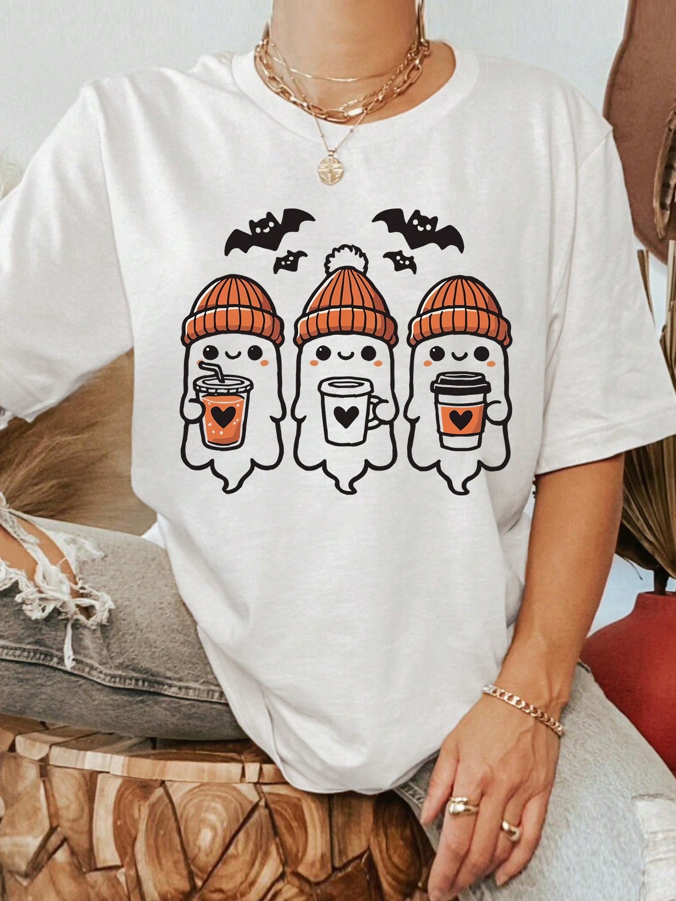 Plus Size Oversized Round Neck Short Sleeve Funny Ghost Halloween Print Loose Fit Fashionable T-Shirt, Summer Clothing