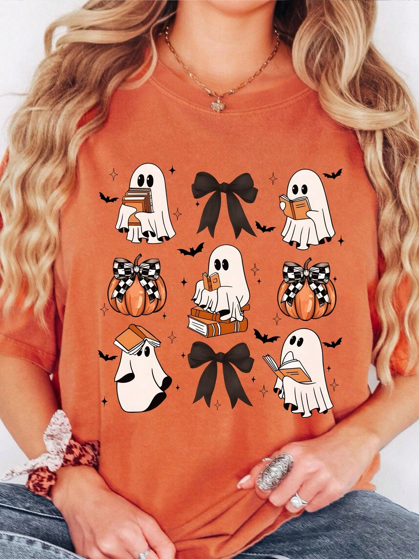 Plus Size Oversized Round Neck Short Sleeve Funny Ghost Halloween Print Loose Fit Fashionable T-Shirt, Summer Clothing