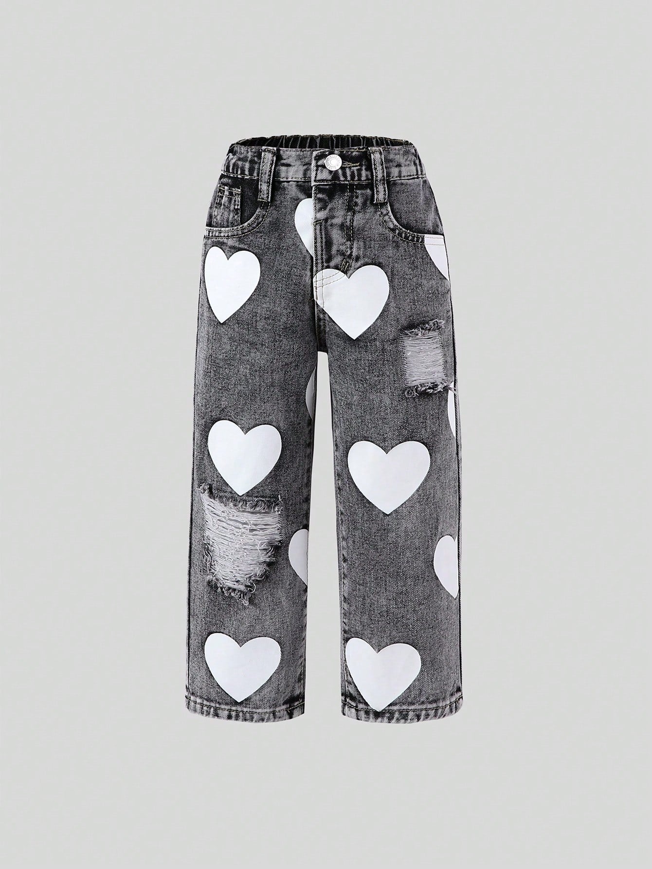 Girls Heart Print Simple Casual Denim Jeans