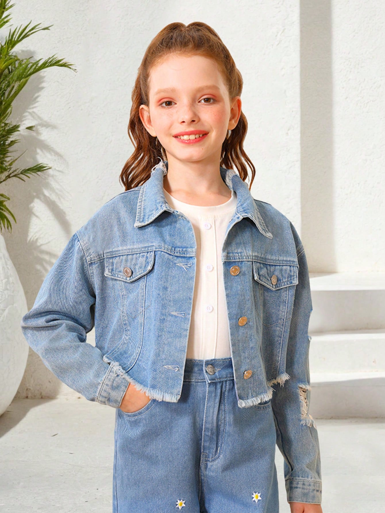 Streecool Kids Girls' Retro Distressed Oversized Cropped Denim Jacket, Washed Light Blue