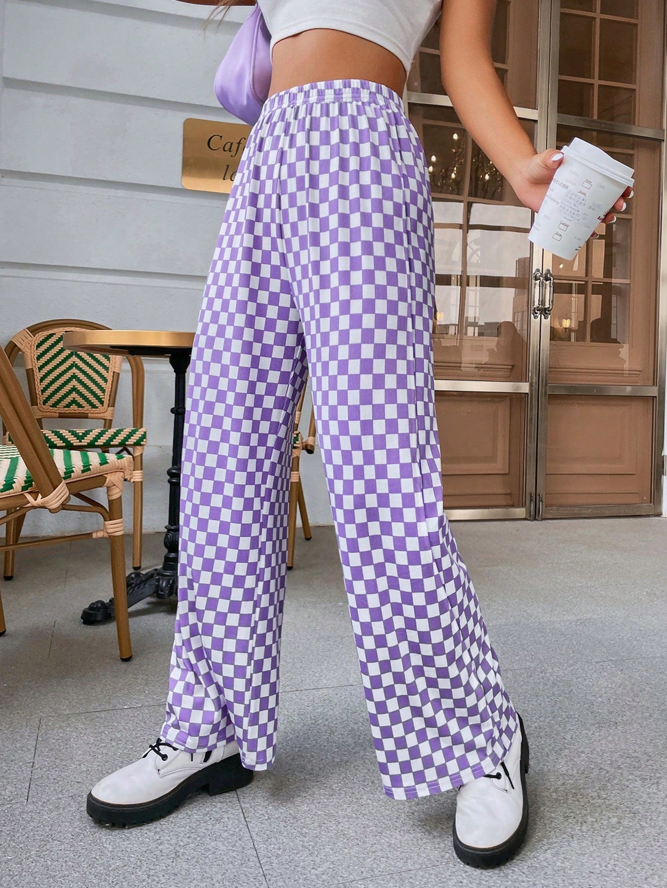 Checkerboard Elastic Waist Wide Leg Pants