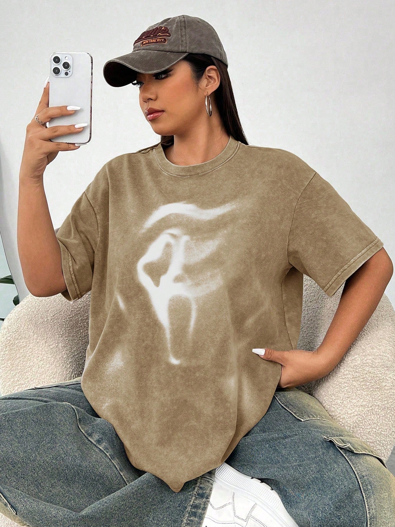 Plus Size Halloween Acid Washed Look Vintage Knitted Distressed Loose Fit Knit Screaming Skull Pattern Cartoon Pattern Short Sleeve T-Shirt
