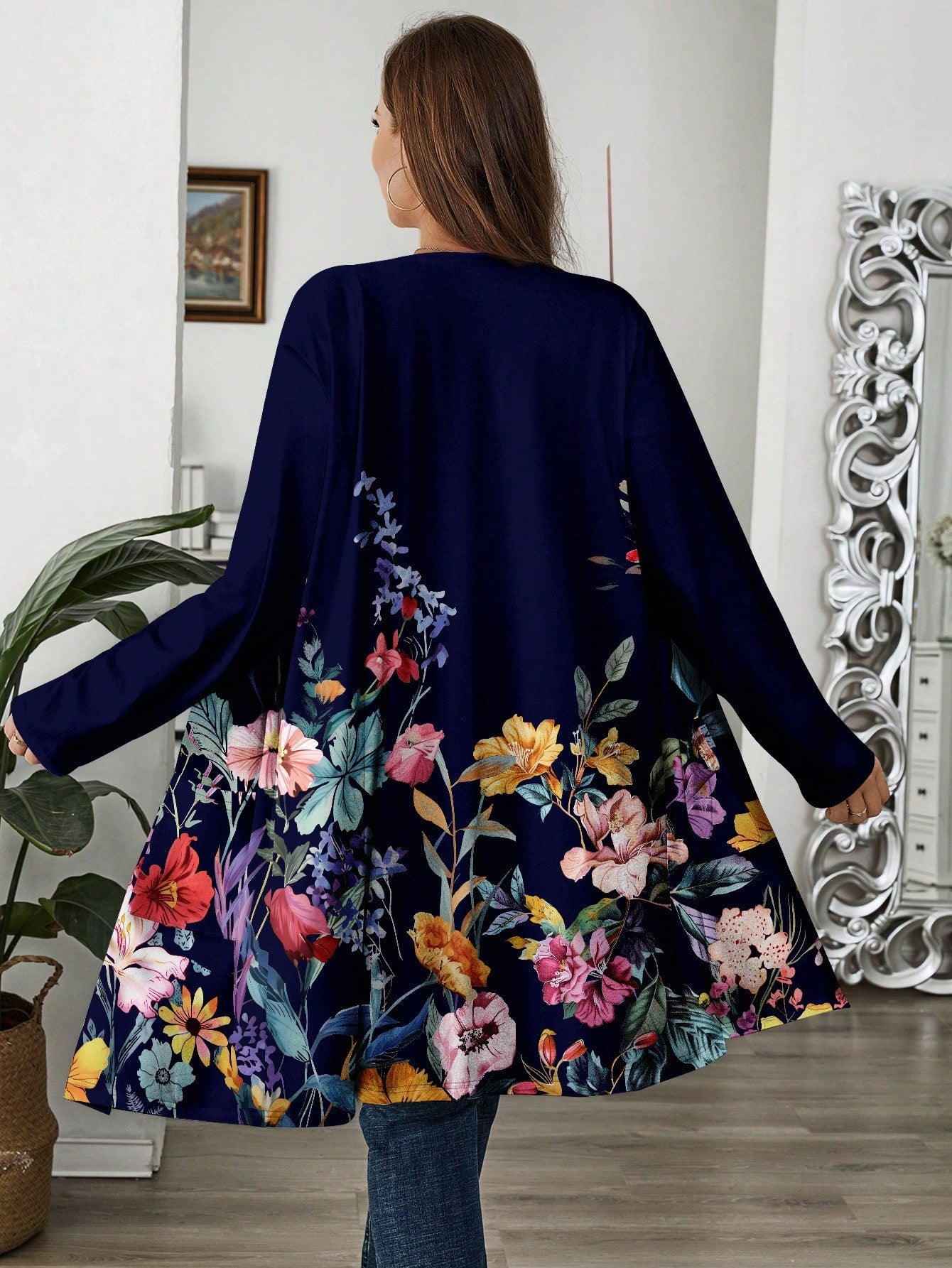 Plus Size Women's Casual Loose Fit Long Sleeve Floral Printed Cardigan Sweater For Fall