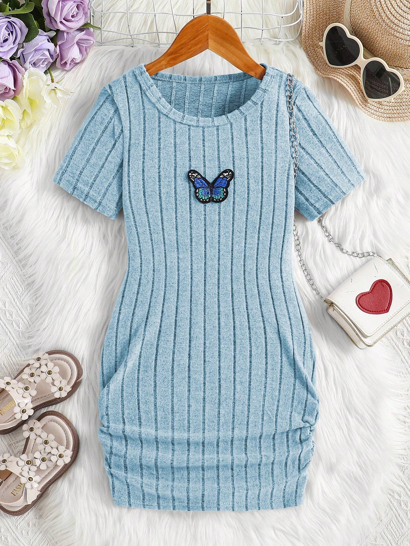 Tween Girl Butterfly Embroidery Ribbed Knit Dress