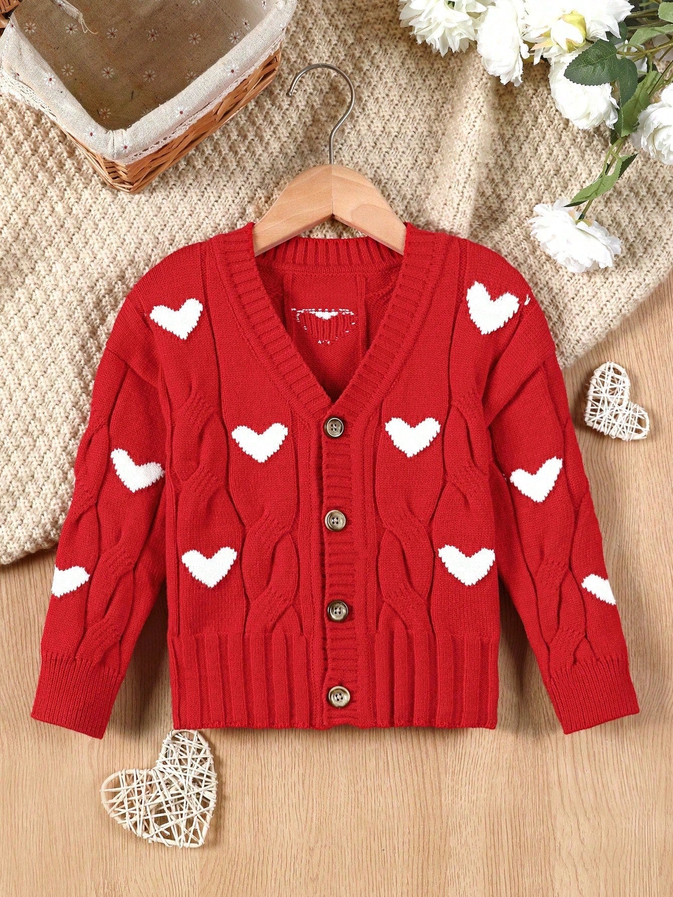 Young Girl Heart Pattern Button Up Cardigan