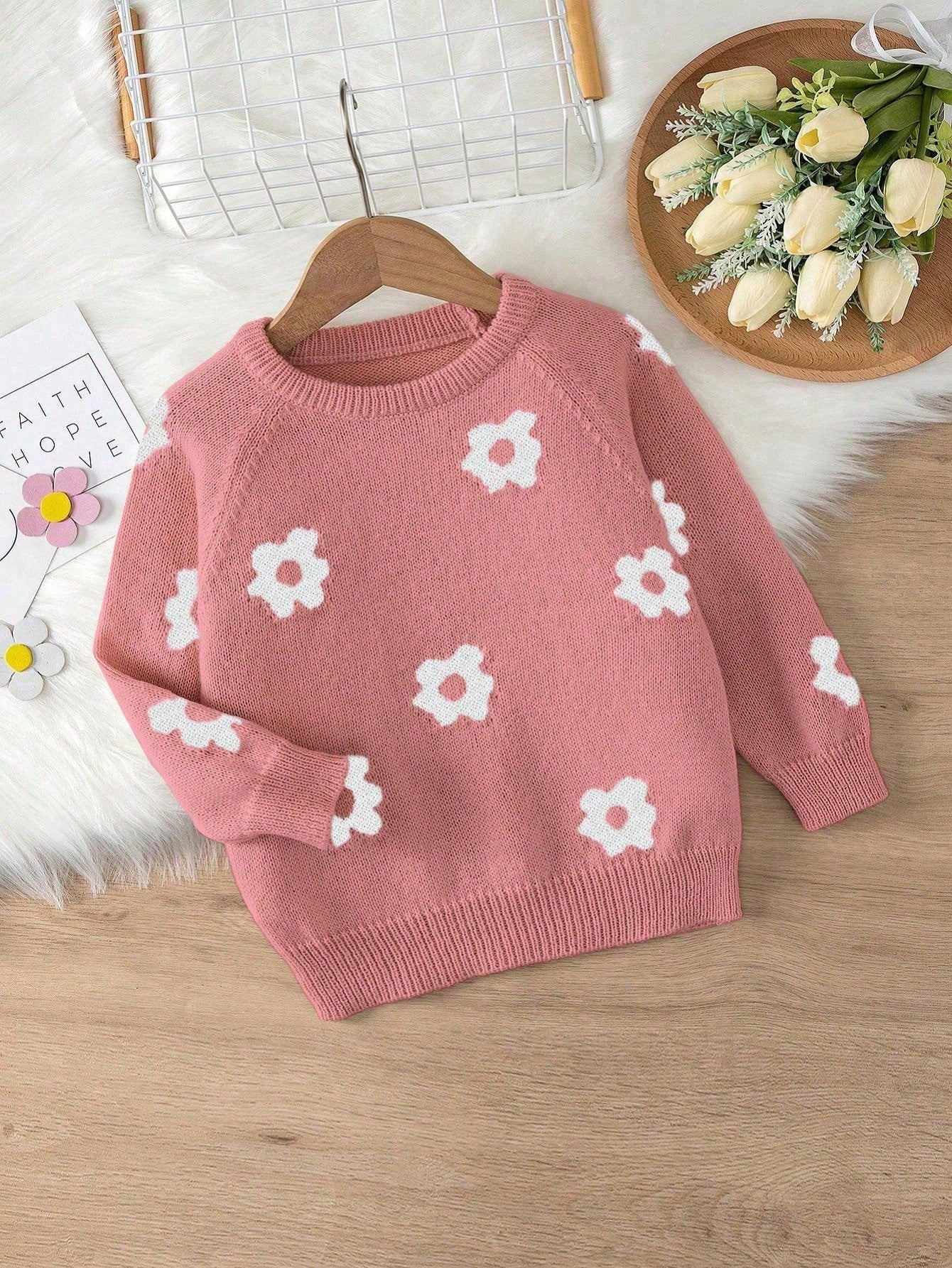 Girls (Small) Round Neck Long Sleeve Floral Pattern Sweater, Casual Daily Wear