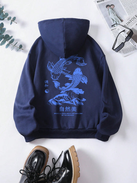 Plus Size Women's Hooded Sweatshirt With Koi Fish Print