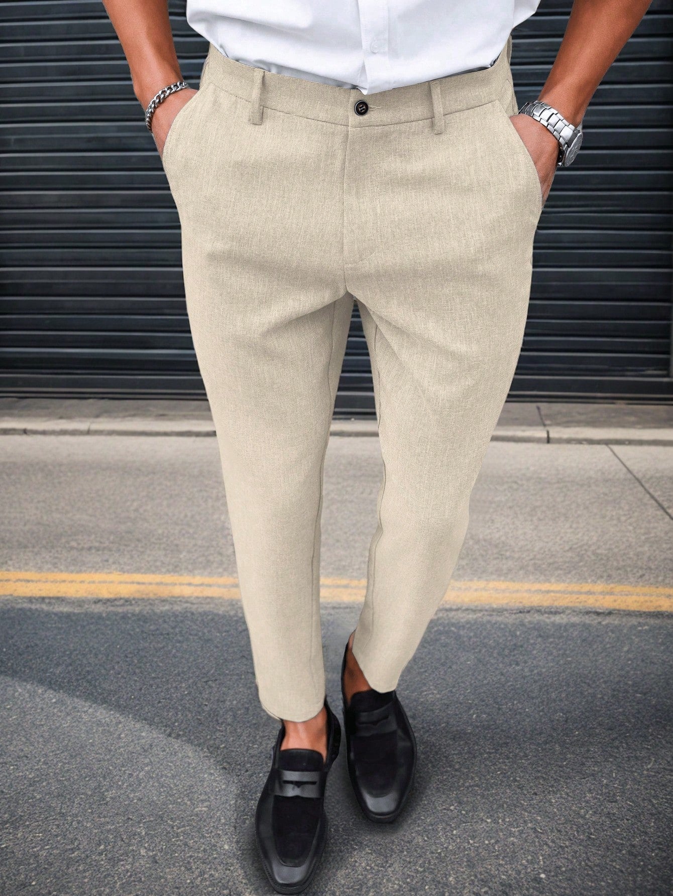 Solid Color Slim Fit Suit Pants With Pockets