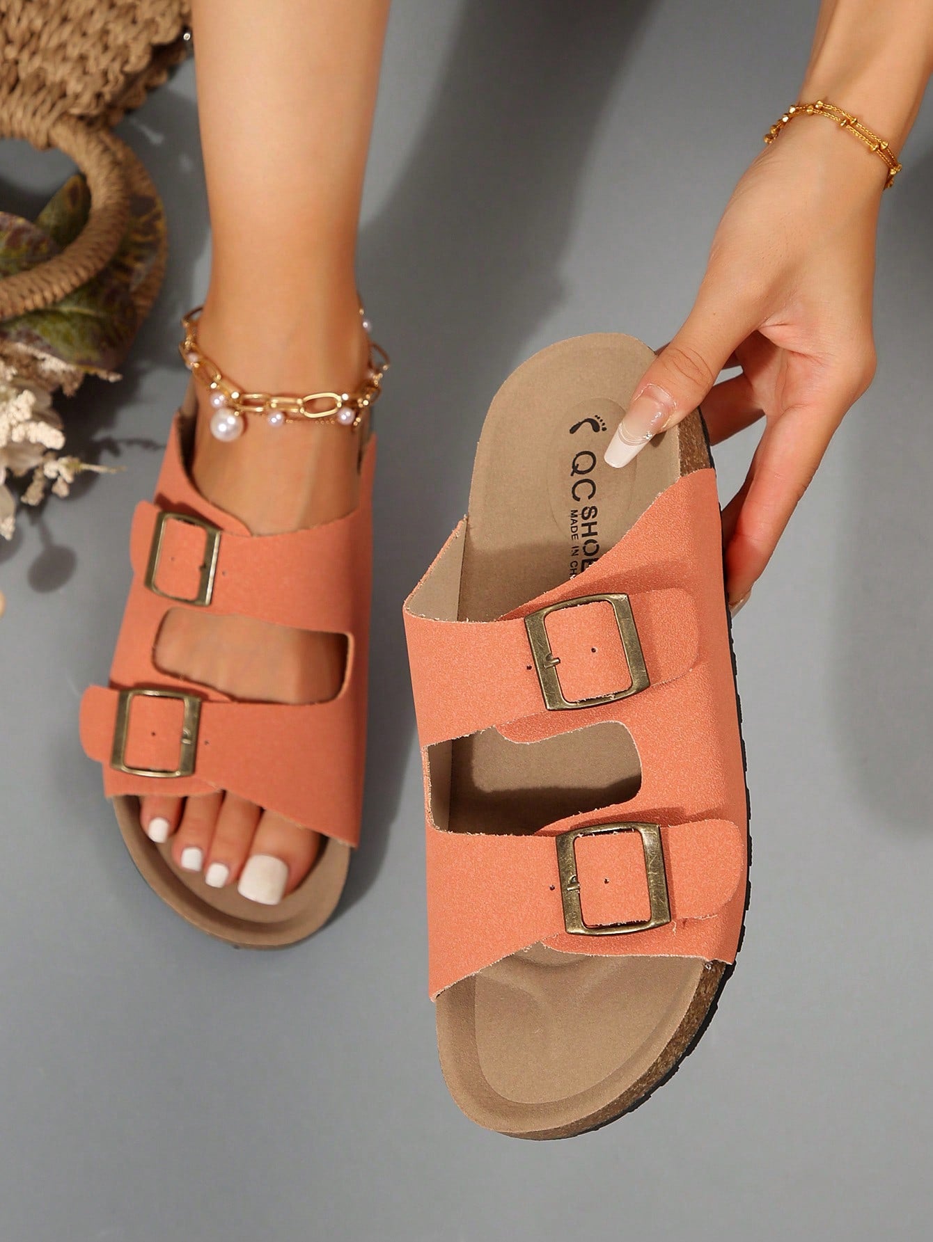 Women's Simple Summer Open Back Comfortable Holiday Buckle Flat Mules Sandals In Beige Color