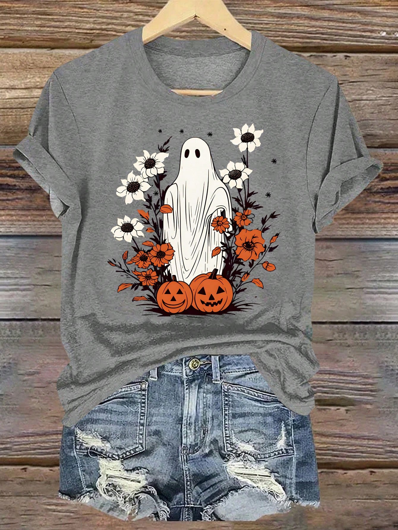 Plus Size Ghost & Pumpkin Print Round Neck Short Sleeve T-Shirt, Summer