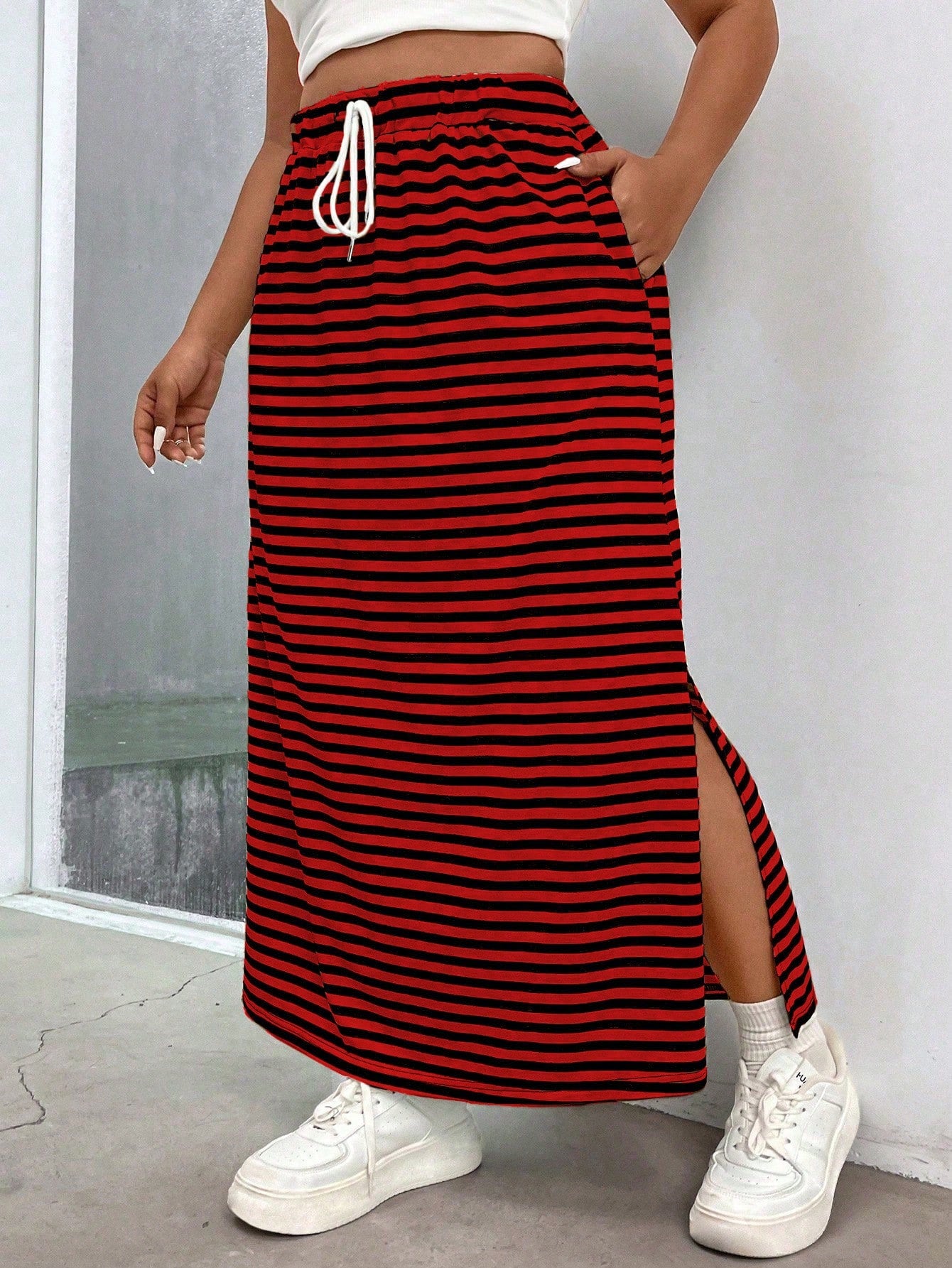 Plus Striped Print Split Hem Drawstring Waist Skirt